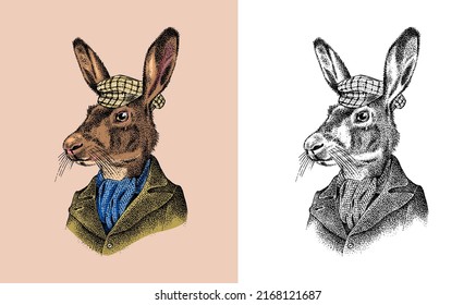 Hare or rabbit. Antique gentleman in a cap and coat. Victorian Ancient Retro Clothing. A man in a suit. Hand drawn old monochrome sketch. Vintage engraving style.