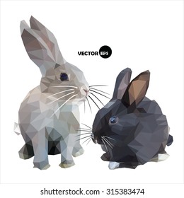 The hare and the rabbit black and white isolated on white background. Bunny and the cute Bunny is made in the style of vector polygon (abstract low-poly) illustration .