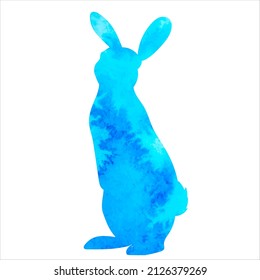 hare, rabbit blue watercolor silhouette on white background, isolated