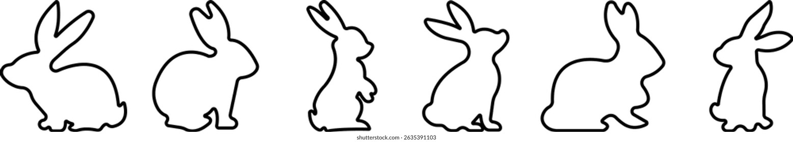 Hare rabbit bunny silhouette black icon in line set. sign symbol of different shape pose rabbit bunny isolated on transparent background. design pictogram vector for apps or website