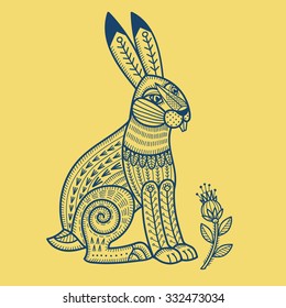Hare rabbit bunny totem retro animal lubok design  folk style