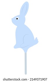 Hare. Rabbit. Candy lollipop. Blue sugar caramel. Color vector illustration. Sweet treat on a stick. Animal with long ears and cute big eyes. Isolated background. Flat style. Festive print.