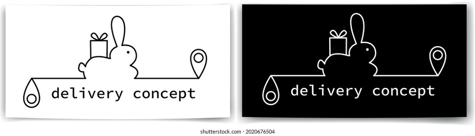 liebre, un conejo lleva un paquete, un regalo en una línea. concepto de entrega. logotipo, estilo de marca