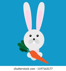 Hare, rabbit with carrot icon. Vector illustration of a cartoon rabbit, hare with carrots. Funny hare with carrots.