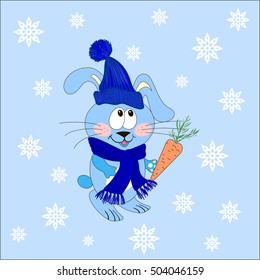 Hare or rabbit with carrot in winter clothes under snow