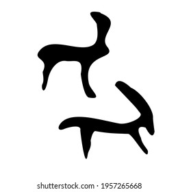Hare and rabbit. Drawings of primitive people on stone. Illustration in ethnic style.