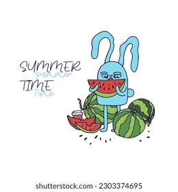 A hare or a rabbit eats a watermelon. Bright colors. Symbol. Summer time. Place for an inscription. Vector hand-drawn illustration. White isolated background. Summer, vacation. Crazy, funny.