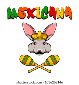 Hare rabbit face. Bunny with sombrero and maracas. Vector illustration. Mexicana.