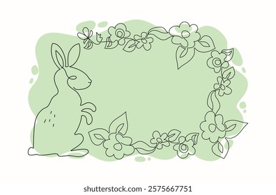 Hare, rabbit in flower frame. Easter bunny drawing, flowers line art. One line drawing. Festive spring greeting card design. Isolated background.