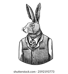 Hare or rabbit gentleman in human clothes. Anthropomorphic animal in shirt and vest with tie in hand drawn engraved old traditional style.with monocle for beverage or beer bottle. 