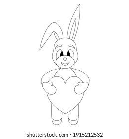 Hare. The rabbit holds a heart in its paws. Sketch. Vector illustration. Outline on an isolated white background. Coloring book for children. Valentines Day, Easter. Doodle style. The animal.
