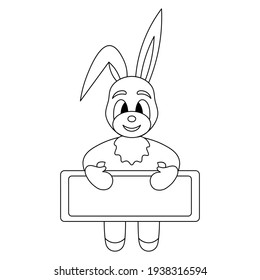 Hare. Rabbit holds in its paws holds an empty poster. Place for your text. Sketch. Vector illustration. The animal is carrying a banner. Small fluffy with long ears. Coloring book. Doodle style. 
