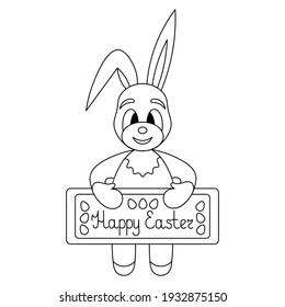 Hare. Rabbit holds a poster in its paws. The inscription on the plate is Happy Easter. Sketch. Easter eggs decoration. Vector illustration. Outline on an isolated white background. Coloring book.
