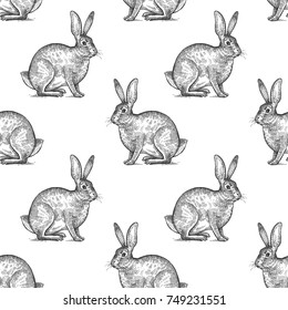 Hare or rabbit. Seamless pattern with forest animals. Hand drawing of wildlife. Vector illustration art. Black and white. Old engraving. Vintage. Design for fabrics, paper, textiles, fashion.