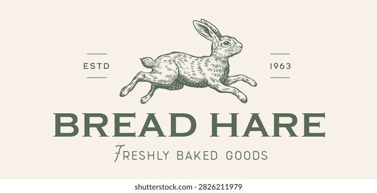 Hare, rabbit sketch. Vintage bread bakery hare emblem, engraved fresh bread bakery hare badge, artisan food market emblem, traditional bread bakery hare goods label. Vector Illustration