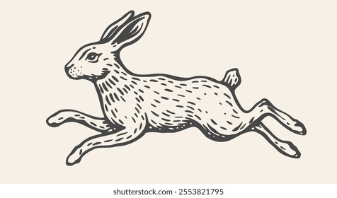 Hare, rabbit sketch. Vintage retro print, black white wild hare, rabbit drawing, sketch ink pencil draw, engrave old school style. Sketch artwork silhouette wild hare rabbit. Vector Illustration