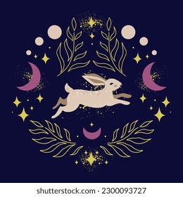 Hare rabbit in a symmetric frame of twigs with crescents, stars and fairy dust on dark background. Vector celestial boho print