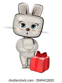 Hare Received A Gift. Red Box With Ribbon And Bow. He Is Embarrassed To Take. Childrens Illustration. A Happy Animal. Cartoon Style. Isolated Over White Background. Vector.