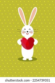 Hare with a red heart on a green background with polka dots. Valentine's Day. Postcard.