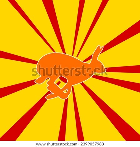 Hare runs symbol on a background of red flash explosion radial lines. The large orange symbol is located in the center of the sun, symbolizing the sunrise. Vector illustration on yellow background