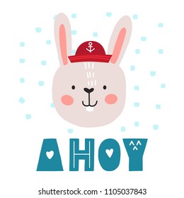 Hare sailor vector cartoon illustration. Cute animal poster design for greeting card, t-shirt, invitation, baby shower, birthday, room decor, print, pillow, decoration kids interior, baby wear