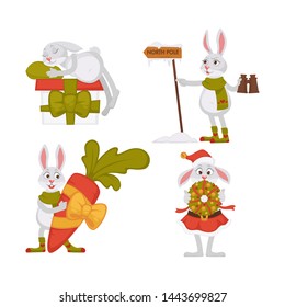 Hare in scarf or skirt Christmas bunnies or rabbits isolated animals vector gift box and direction pointer binocular and carrot door spruce wreath boy and girl winter holiday celebration and presents.