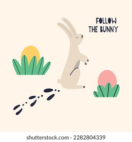 Hare in search of Easter eggs in the grass. Cartoon Rabbit character. Happy Easter holiday concept for egg hunt design, print, social media, poster, postcard. Modern Flat Style