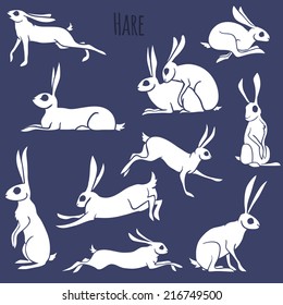 Hare silhouette set isolated on white background. Vector Illustration.