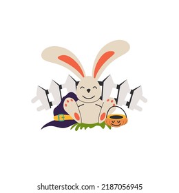 Hare sits near a fence in a Halloween costume.. Concept illustration with Sign and symbol. Flat design cartoon element. Vector illustration.