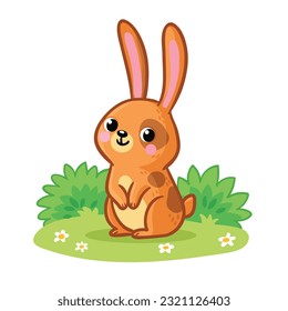 Сute hare sits on a green meadow and smiles. Vector illustration with forest animal in cartoon style.