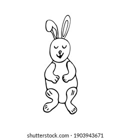 The hare sits on its hind legs. Doodle on a white background. Vector. Hand drawing.
