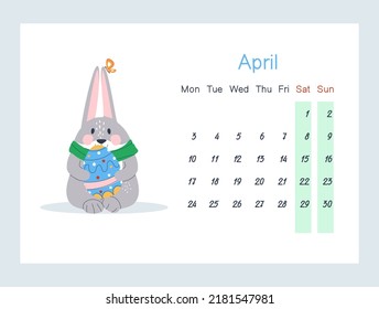 A hare sits with a painted Easter egg in its paws. Easter Bunny. April 2023 calendar. Week starts on Monday, Saturday and Sunday are greyed out. Flat vector illustration