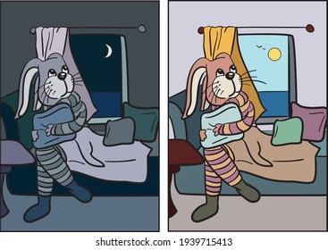 The hare sits in a small cozy room on a soft bed and looks out the window at the sea. Day and night. Vector