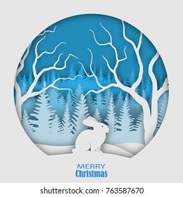A hare sitting on a snowdrift, against the backdrop of a forest of Christmas trees. Christmas, New Year's illustration. Paper style. Eps 10