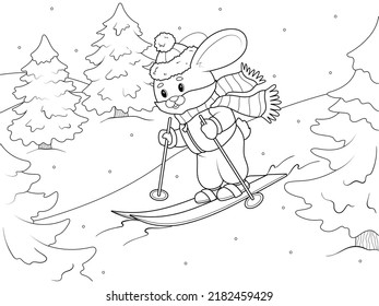 A hare skiing down the mountain. Winter season, ski resort. Coloring book, white background, black lines.