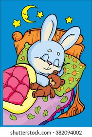 The hare is sleeping in the bed. Coloring.
Vector illustration. Cartoon Vector Illustration.
