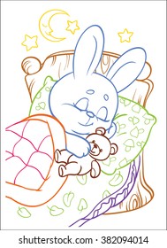 The hare is sleeping in the bed. Coloring.
Vector illustration. Cartoon Vector Illustration. Color stroke isolated on white background.