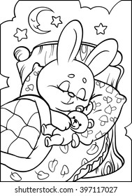 The hare is sleeping in the bed. Coloring.
Vector illustration. Cartoon Vector Illustration. Stroke isolated on white background.