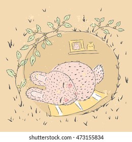 The hare is sleeping in a hole Cute hand drawn illustration of baby card. suitable for printing on a t-shirt or sweatshirt, shirt design, print rabbit,  Children's fashion shirt. Cute rabbit vintage