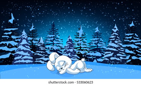 The hare is sleeping in the woods. Stock vector illustration of night landscape with silhouettes of snow-covered fir trees among snowfall in snowdrifts for background, banner, website