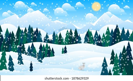 a hare in snowdrifts among fir trees, under falling snowflakes, against a background of a coniferous forest, mountains, sky with sun and clouds. winter forest landscape. vector