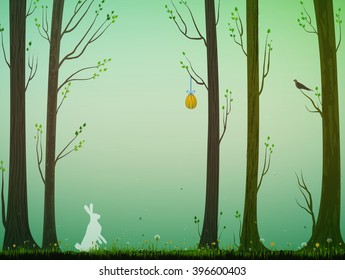 hare in spring forest and Easter egg on the branch, Easter in the forest, nature scene, vector