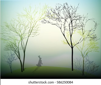 hare in spring forest on the hill, nature scene, vector