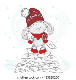Hare standing on a pile of letters. Vector illustration for greeting card, poster, or print on clothes. Cute rabbit in a hat and boots.