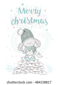 Hare standing on a pile of letters. Vector illustration for greeting card, poster, or print on clothes. Cute rabbit in a hat and boots. Lettering.