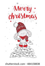 Hare standing on a pile of letters. Vector illustration for greeting card, poster, or print on clothes. Cute rabbit in a hat and boots. Lettering.