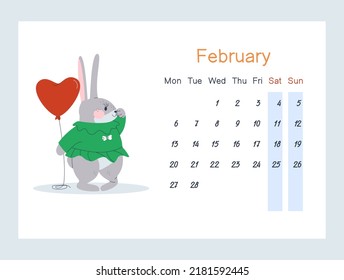 A hare stands with a heart balloon. Rabbit on valentine's day. February 2023 calendar. Week starts on Monday, Saturday and Sunday are greyed out. Flat vector illustration