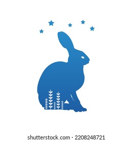 Hare. Stylized silhouette of a blue rabbit under the stars. Flat style with gradient. Vector illustration.