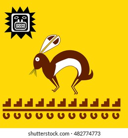  Hare and sun. Ethnic pattern of American Indians: Aztecs, Mayans, Incas. drawing in the Mexican style. Vector illustration.