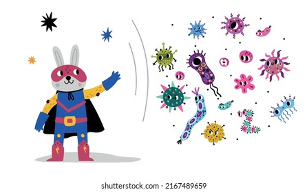 Hare superhero fight with bacteria. Hero animal protects against viruses and microbes. Rabbit in cape and mask. Super pathogens protection. Medicine heroic character